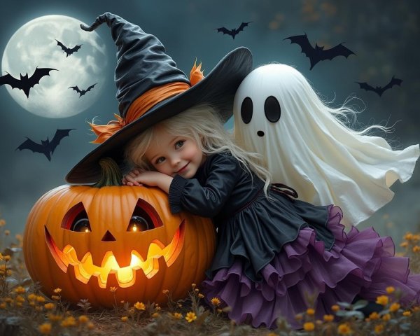 Cheerful Child in Witch Costume by Glowing Pumpkin