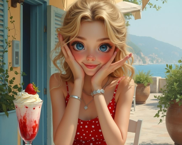 Cheerful woman in polka-dot dress at outdoor café