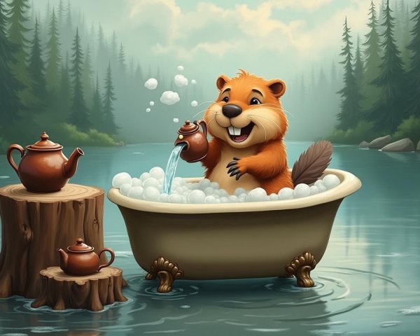 Beaver in Bathtub at Lakeside with Teapots and Bubbles
