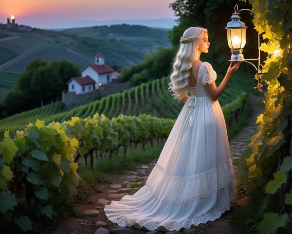 Young woman in white gown on cobblestone path at dusk