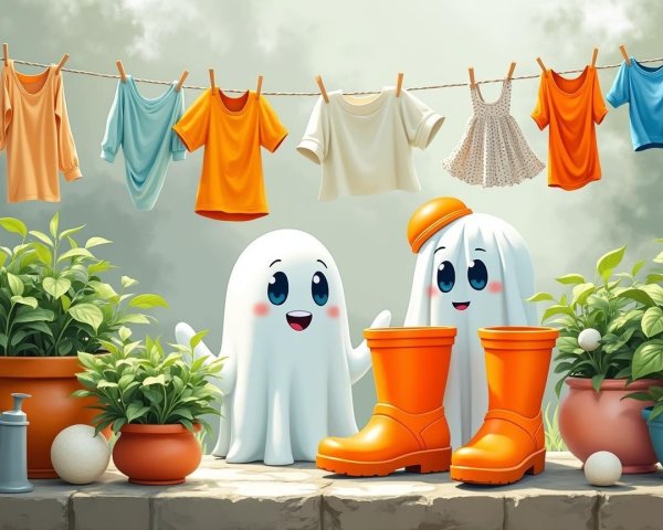 Cartoonish ghosts with rain boots in a whimsical scene