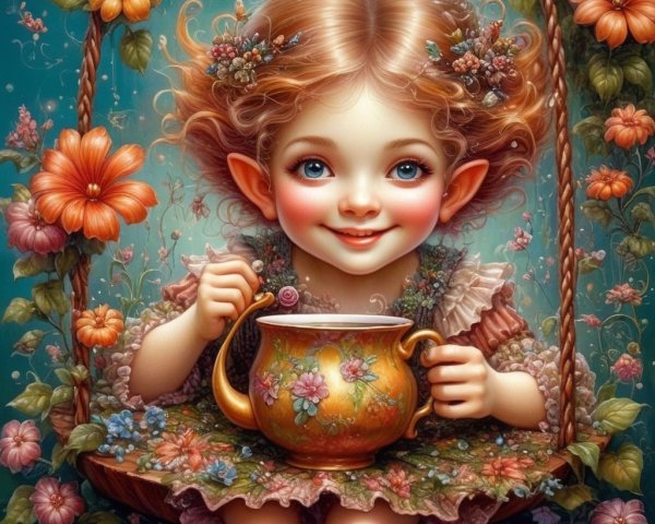 Enchanting Scene of a Girl on a Floral Swing