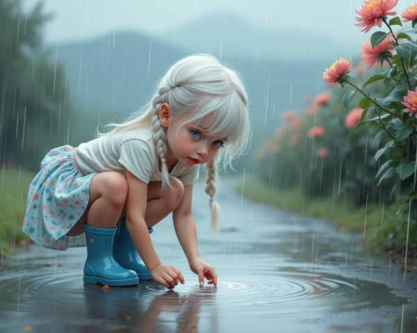 Young girl in blue boots playing in a rainy puddle