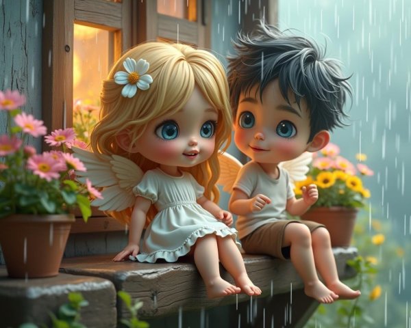 Dolls on a Windowsill with Rain and Flower Pots