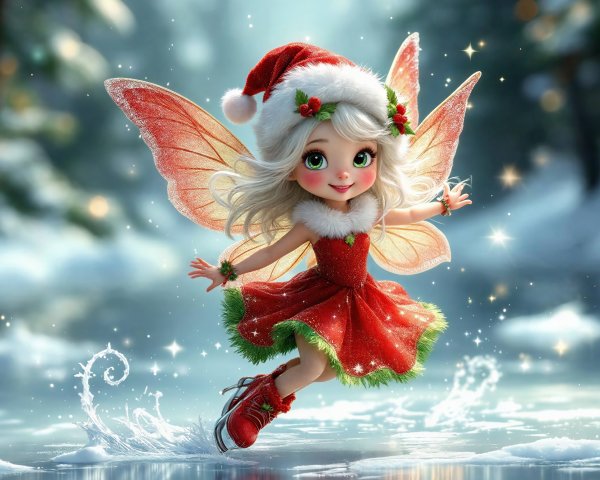 Cartoon fairy girl in winter dress on ice skates