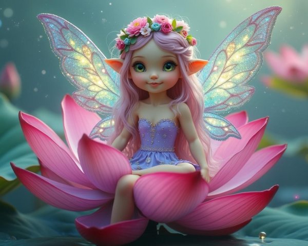 Whimsical Fairy on Lotus Flower with Shimmering Wings