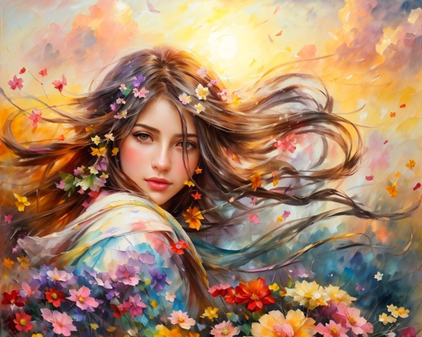 Portrait of a Young Woman Surrounded by Flowers