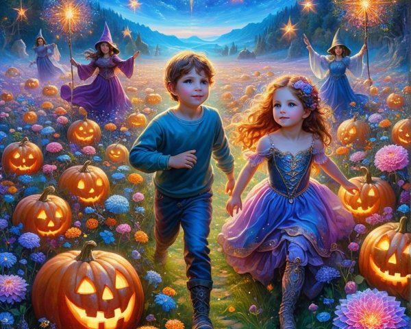 Twilight Scene of Children in a Magical Field