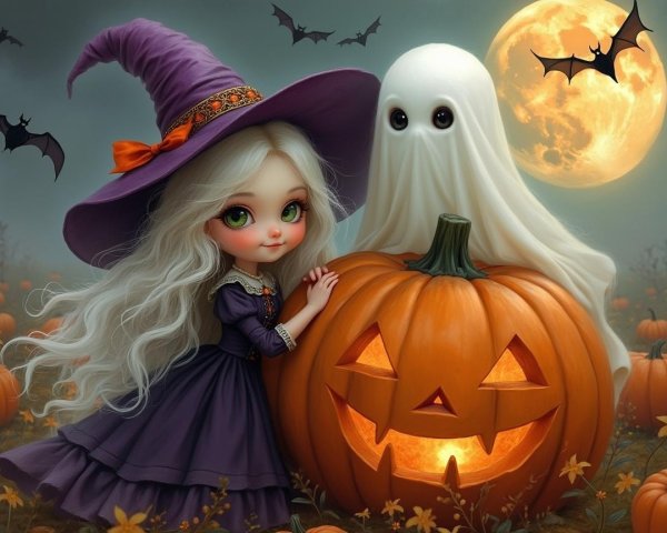 Whimsical Halloween Scene with Girl, Ghost, and Pumpkins