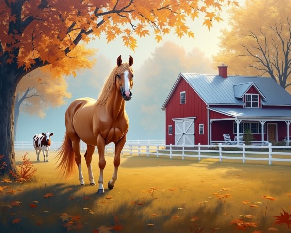 Serene autumn farm scene with horse and cow