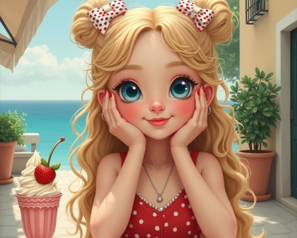 Young girl at café with seaside view and dessert