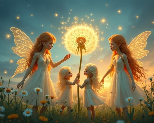 Fairy Figures in Twilight Meadow with Dandelion Puff