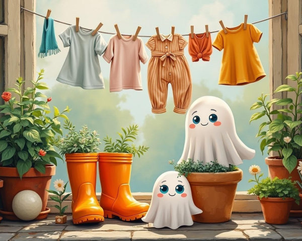 Cartoonish ghosts in flower pots with vibrant greenery