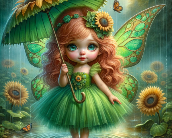 Whimsical Fairy with Green Wings in Sunlit Forest