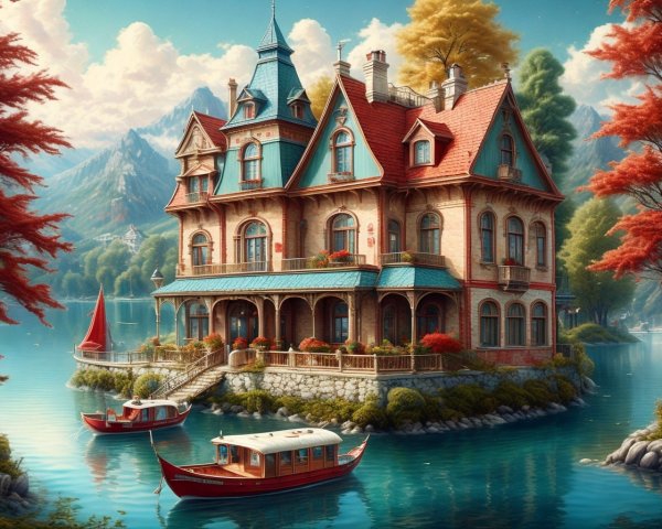 Multi-Tiered Mansion on Island with Autumn Landscape