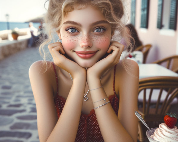 Young woman in red dress at outdoor café setting