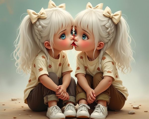 Twin girls sharing a sweet moment with gentle kiss