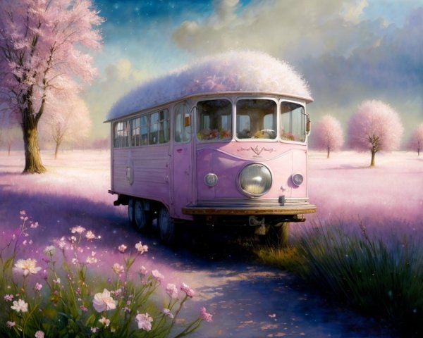 Whimsical Pink Bus in a Dreamy Cherry Blossom Landscape