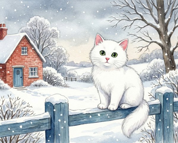 Charming Winter Scene with Kitten and Cozy House