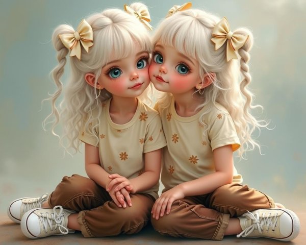 Cartoon Twin Girls in Matching Outfits and Bows