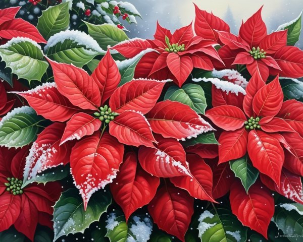 Vibrant Digital Painting of Red Poinsettias in Winter