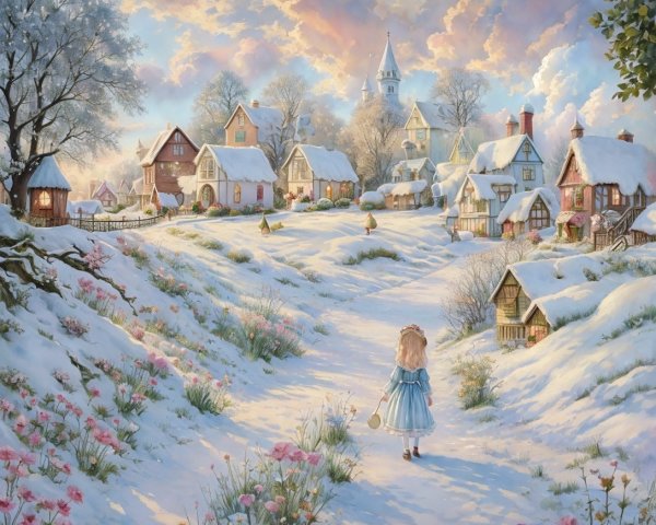 Winter Village Scene with Snowy Cottages and Lantern