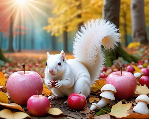 Fluffy White Squirrel in Autumn Forest Setting