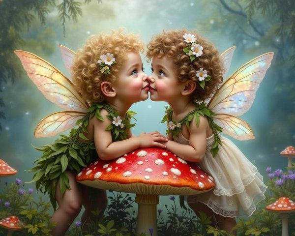 Fairy Children on Red Mushroom in Enchanted Forest