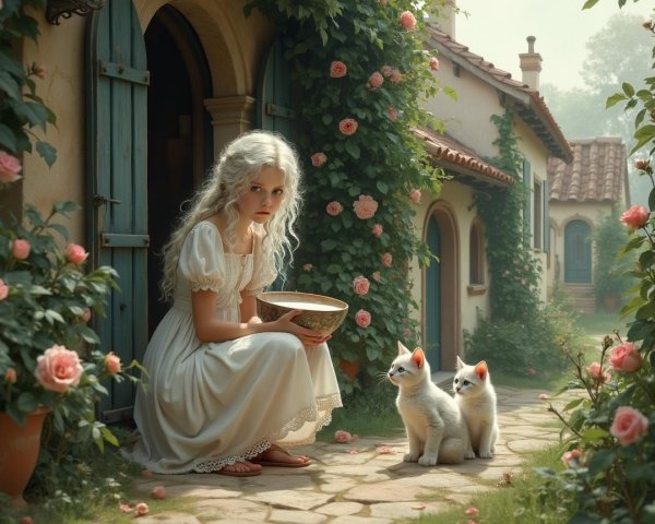 Young Girl in Garden with Kittens and Roses