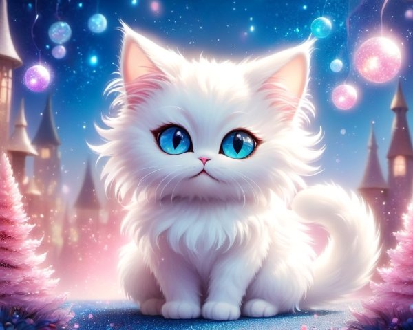 Fluffy White Kitten in Enchanted Pastel Background