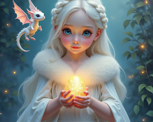 Young girl with white hair and golden egg in forest