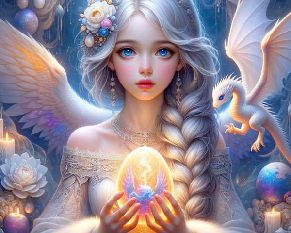 Mystical Scene of Woman with Silver Hair and Dragon