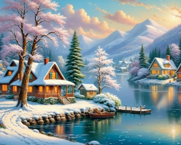 Winter Cabins by a Serene Lake and Snowy Mountains