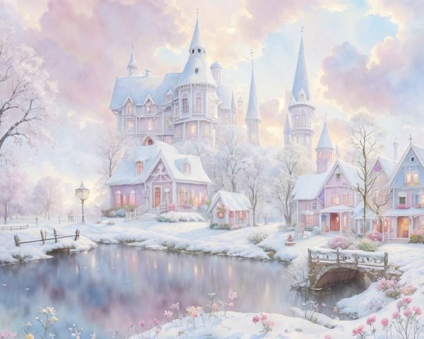 Winter Landscape with Fairytale Castle and Snowy Lake