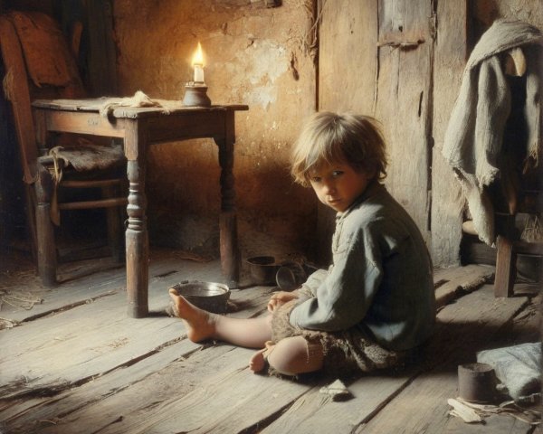 Child in Thoughtful Pose in Rustic Interior Setting