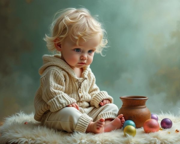 Child with curly blonde hair among colorful decorative eggs