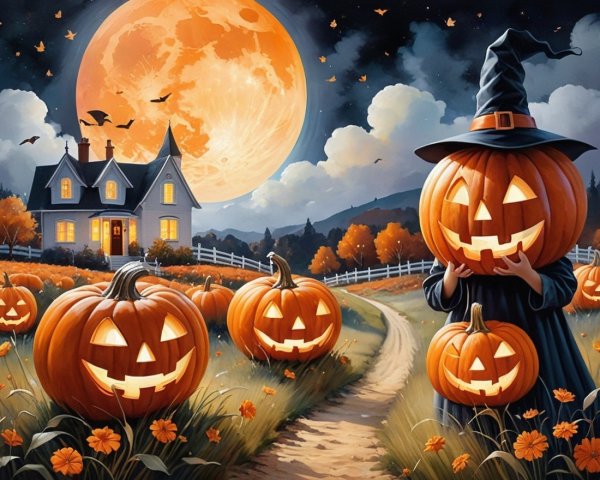 Whimsical Halloween Scene with Moonlit Landscape