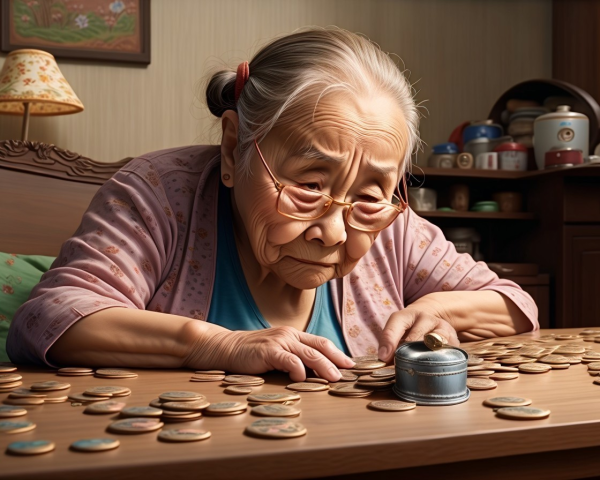 Elderly Woman Examining Coins at Wooden Table