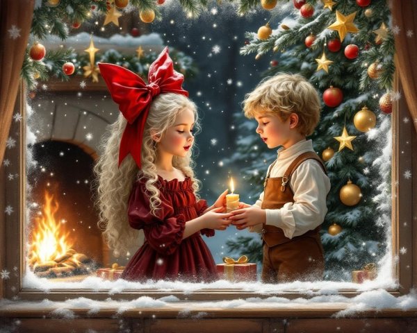 Children in Winter Wonderland Scene with Candlelight