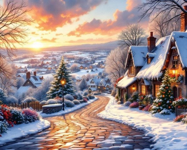 Winter Village Scene with Sunset and Christmas Decor