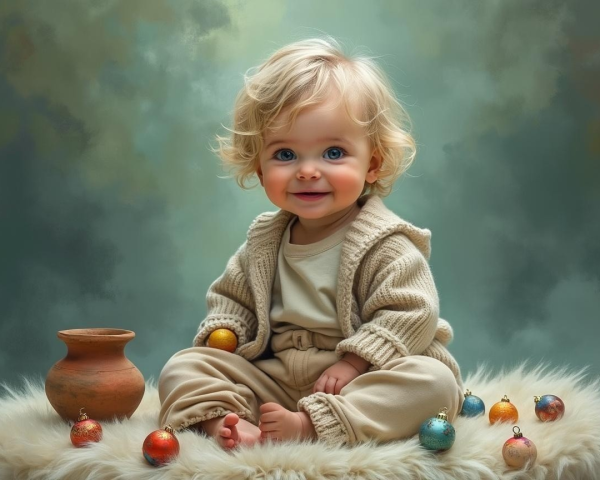 Cheerful baby on soft surface with colorful ornaments