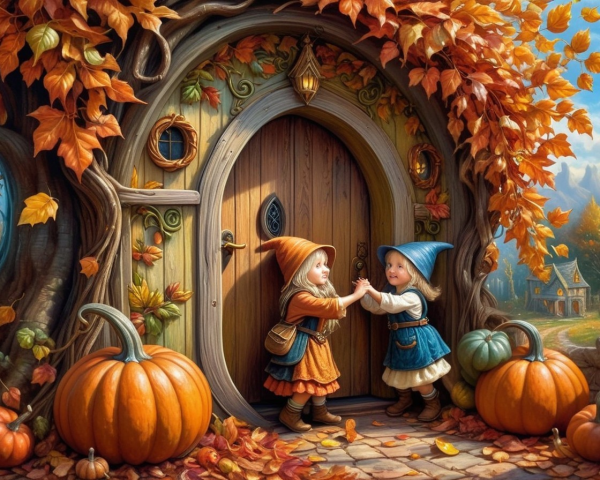 Whimsical Treehouse with Colorful Girls and Pumpkins
