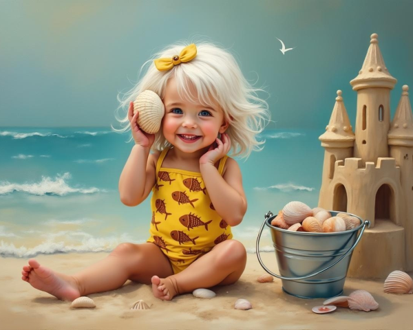 Toddler in Yellow Swimsuit at Sandy Beach with Seashells