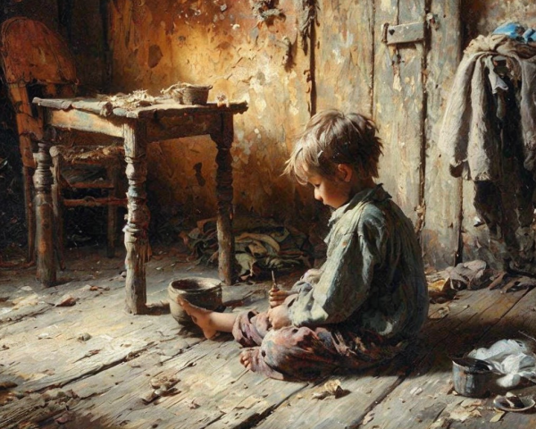 Young Boy in Rustic Room with Sunlight and Solitude