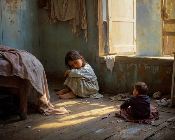Children in an Abandoned Room with Soft Light