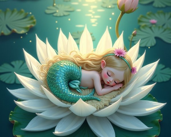 Mermaid Sleeping on a Lotus Flower in Tranquil Scene