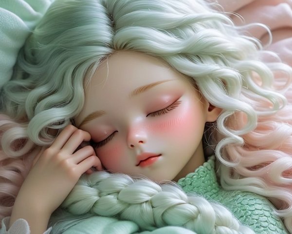 Lifelike doll with pastel-green curls in cozy blanket