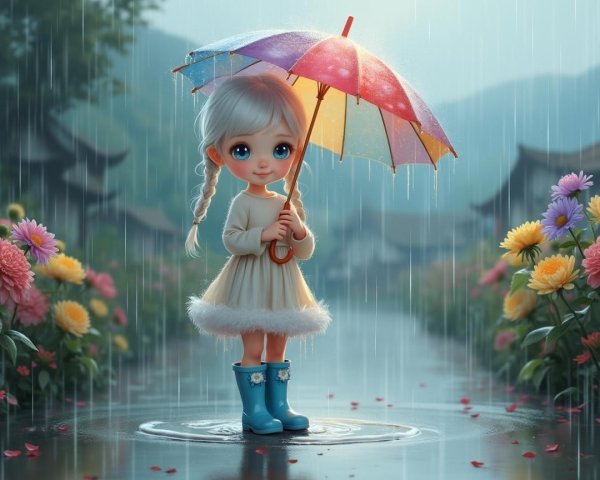Small girl with umbrella in a rainy landscape