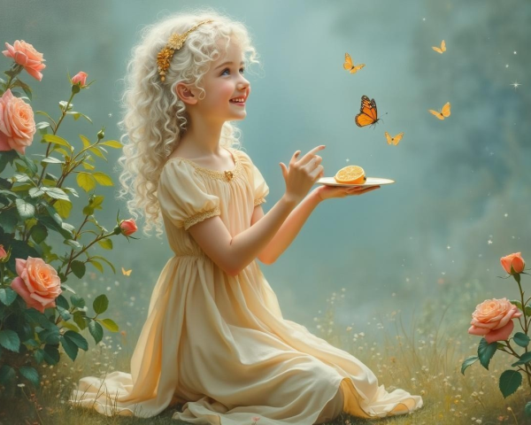 Young girl in yellow dress among blooming roses