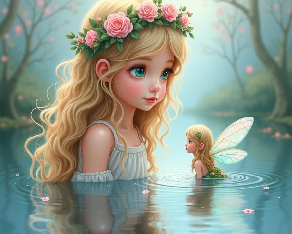 Enchanted forest scene with girl and fairy by water